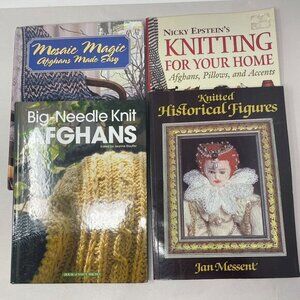 Lot of 4 Knitting Pattern Books Mosaic Magic Afghans Historical Figures‎ Pillows